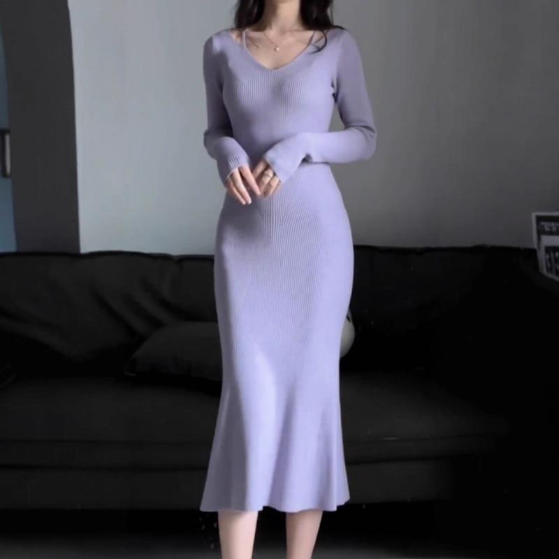 [] Фиолетовое трикотажное платье с V-образным вырезом осень-зима талия рыбий хвост длинное платье облегающее обтягивающее бедра юбка-свитер