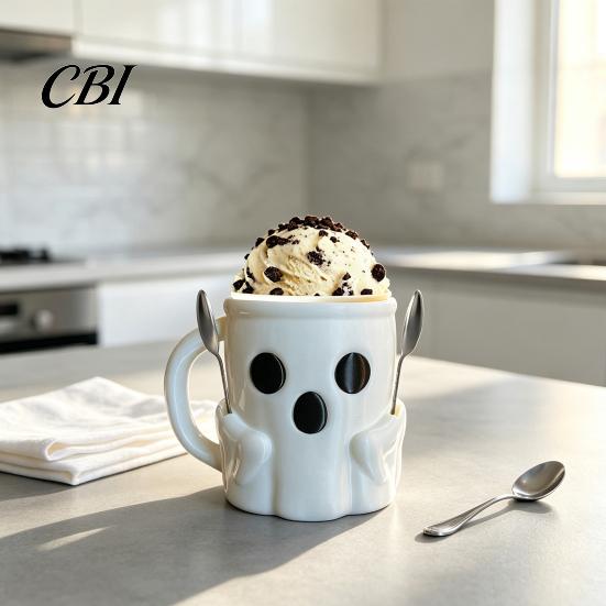 Desktop Pen Holder Organizer Halloween Ghost Ice Cream Pint Holder, Dual Spoon Slot And Funny Gifts for Kids Handle Design Durable PLA Leak-Proof