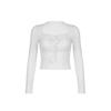 Ruched Tie Lace Trim Square Collar Slim Long Sleeve White Y2K T Shirt Women Cute Japanese Kawaii Clothing