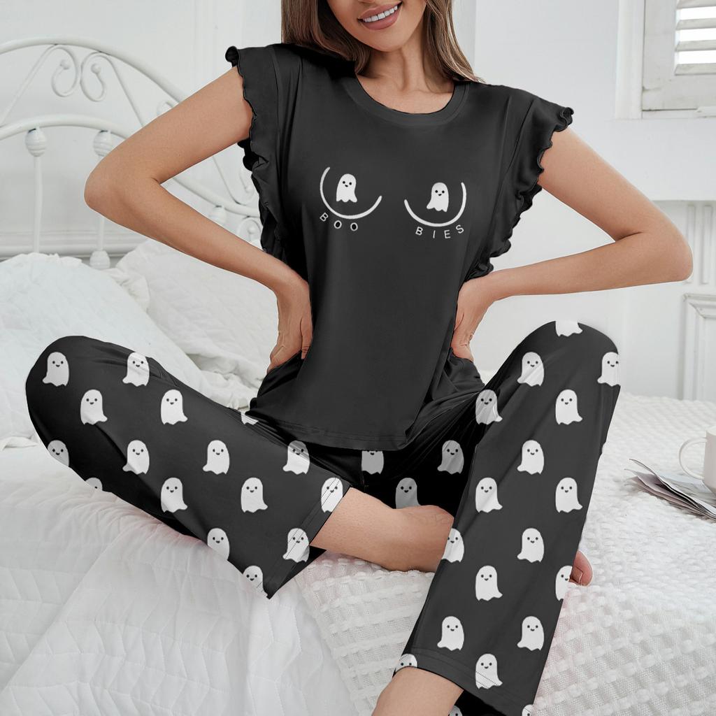 Летняя пижама женская с графическим принтом, комплект пижамы, топы с коротким рукавом и круглым вырезом, брюки с эластичным поясом, женская черная одежда для сна, домашняя одежда, пижама