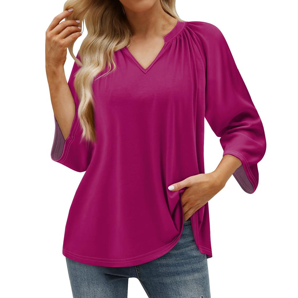 Women's Summer Casual 3/4 Sleeve T-Shirt Solid V Neck Pullover Top