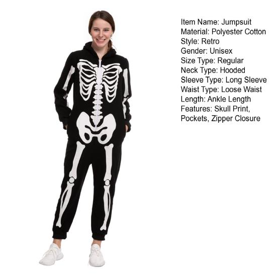 Halloween Costume Luminous Skeleton Print Family Matching Pajamas Hooded Long Sleeve Adults Kids One-Piece