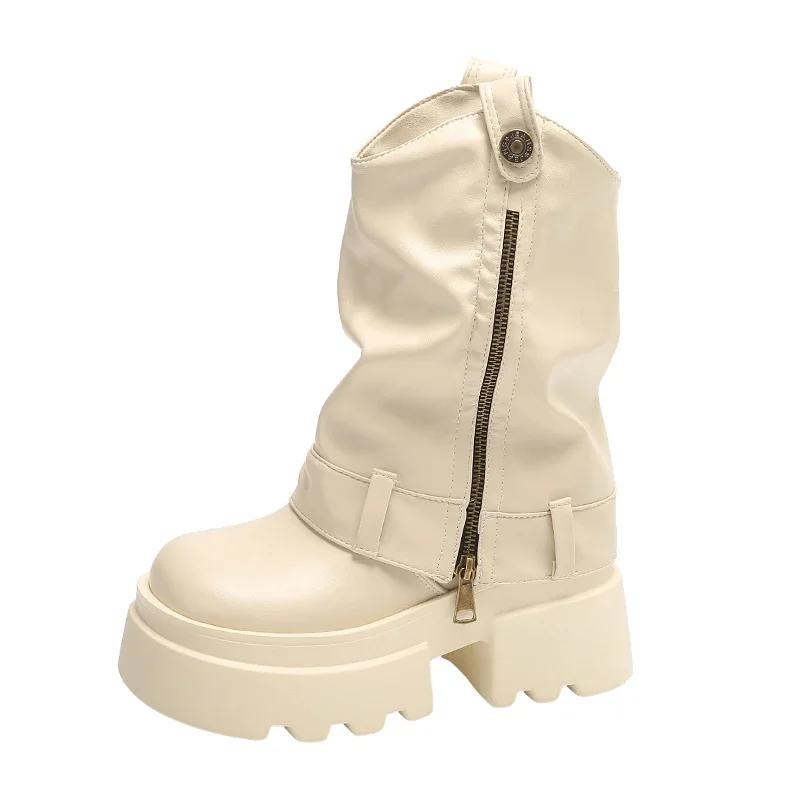 Women's Mid-cylinder Fashion Boots Thick Heel Square Heel Wear-resistant Anti-slip Round Head Women Shoes Side Zip Leisure Boots