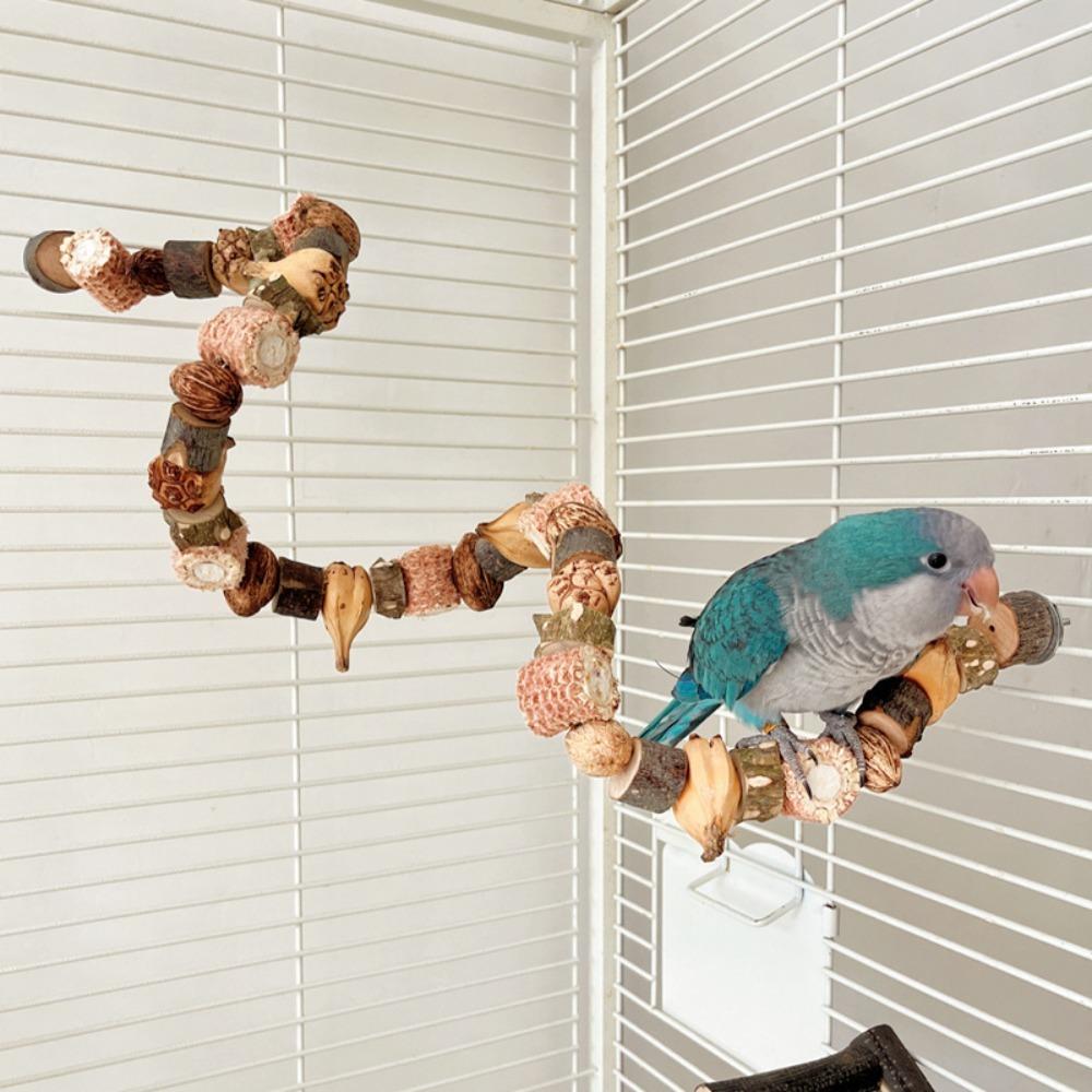 Spiral Bird Perch Climbing Rope Toy - Natural Wood Parrot Chewing Toy for Cage, Flexible Shredding Toy for Budgies Conures Cockatiels, Wood Color