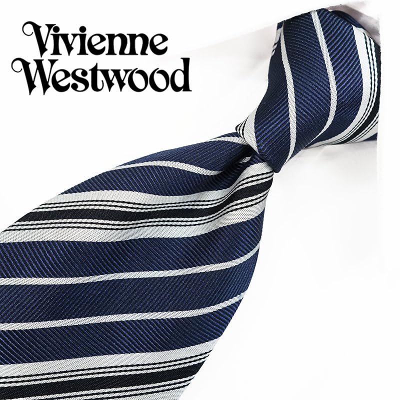 [Vivienne Westwood] Фирменный галстук, Галстук Vivienne Westwood (ширина 8,5 см) VW133 Темно-синийСеребристый [Б/У]