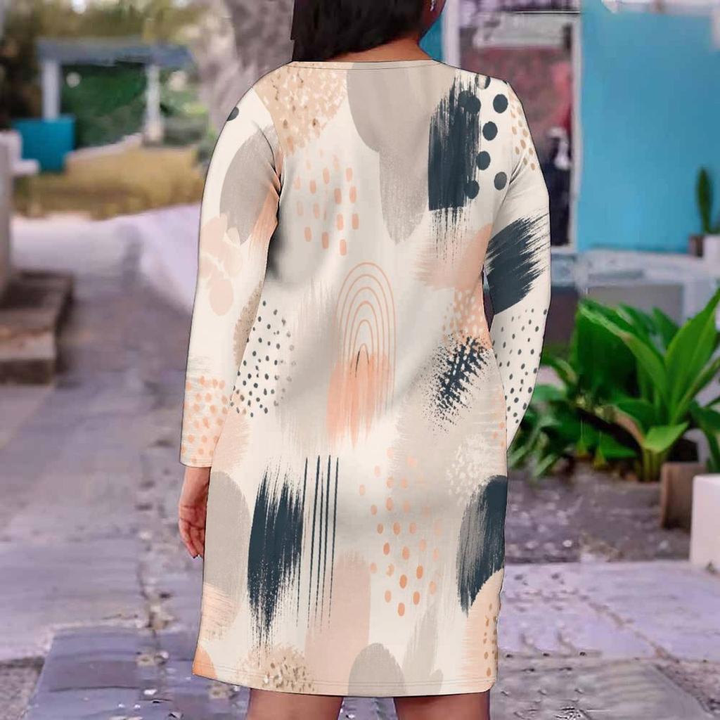 Women Plus Size V Neck Long Sleeve Printed White Fitted Dress