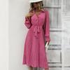 Long Sleeve V-neck A-Line High Waist Casual Women's Dress with Flower Print for Autumn Winter Ankle-Length