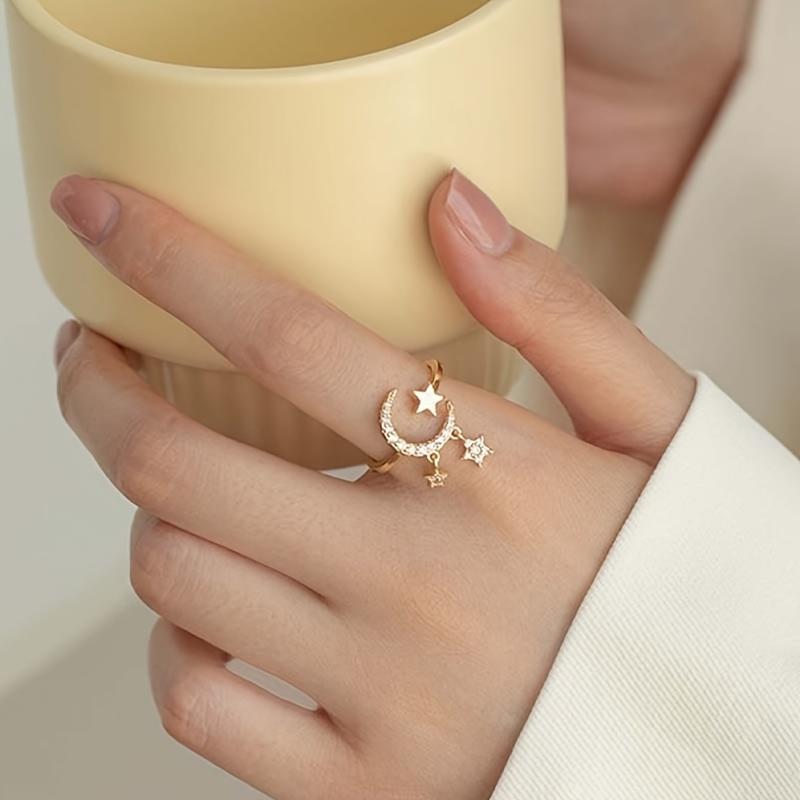Zircon open moon ring, adjustable artificial pearl ring, zircon open ring, fashionable party jewelry