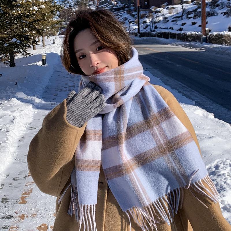 Pink Pure Wool Scarf Women's Winter New Atmosphere Plaid Cashmere Scarf for Girlfriend's Birthday Gift