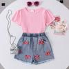 Повседневный костюм для девочек, летняя детская мода, розовая футболка с короткими рукавами + джинсовые шорты с бантом, комплект из двух предметов