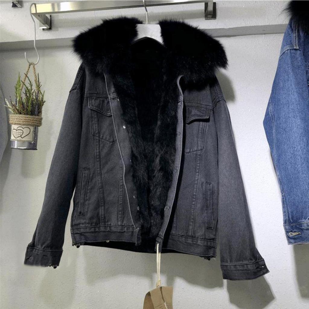 Women's Short Denim Jacket: Large Fur Collar, Korean Style, Versatile, Loose Fit, Plus Velvet, Thickened Cotton Coat