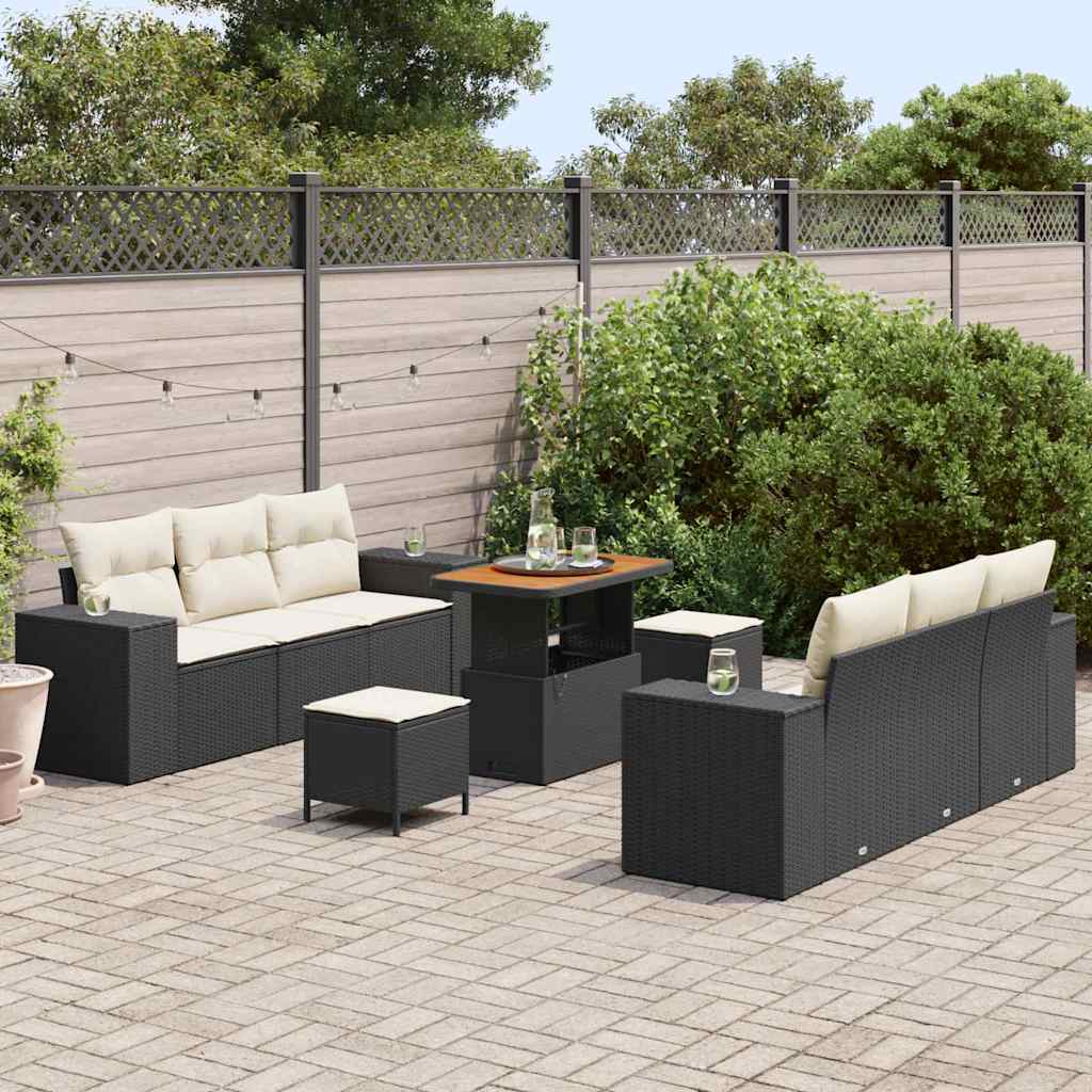 Garden Sofa Set with Cushions 9 pcs Black and Cream Poly Rattan
