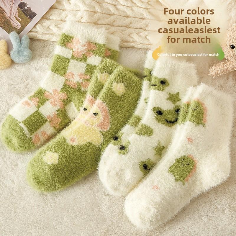 4 пары осенне-зимних носков из норки с изображением животных из мультфильмов, милые теплые носки для сна, утолщенные ежемесячные носки-тапочки, женские носки