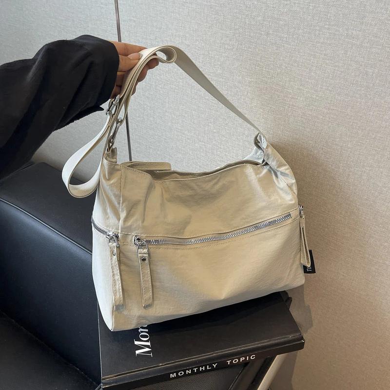 Monochromatic Decorative Nylon Shoulder Bag for Women with Zipper Casual Crossbody Bag