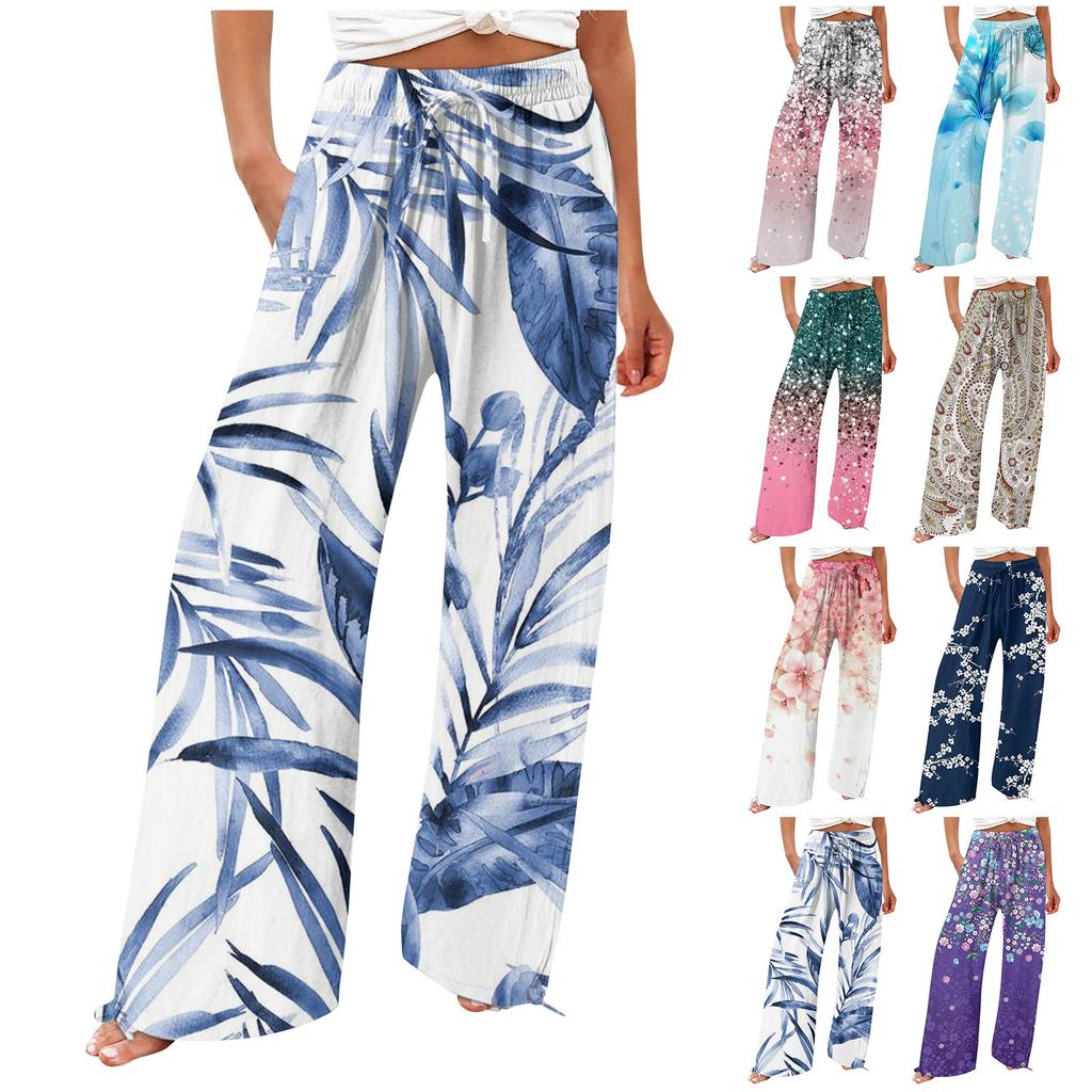 Брюки для женщин. Летние струящиеся брюки с высокой талией и широкими штанинами с принтом. Повседневные брюки.