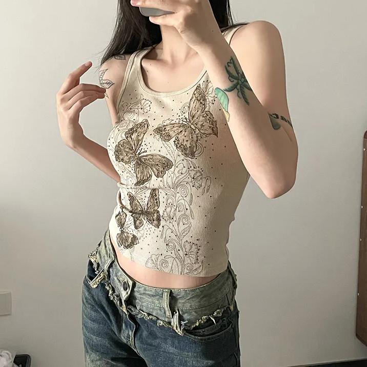 WTEMPO Короткие жилеты с U-образным воротником для девочек, весна-лето, с принтом бабочек, женские облегающие топы без рукавов в стиле ретро