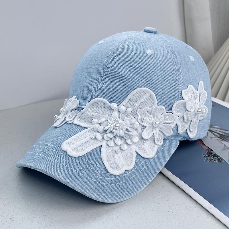 Washed denim baseball cap children outdoor commuter sun protection visor hat lace sweet big flower cap