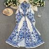Spring Autumn Women Vintage Palace Blue and White Porcelain Print Single Breasted Party Long Maxi Dress for Girl Graduation