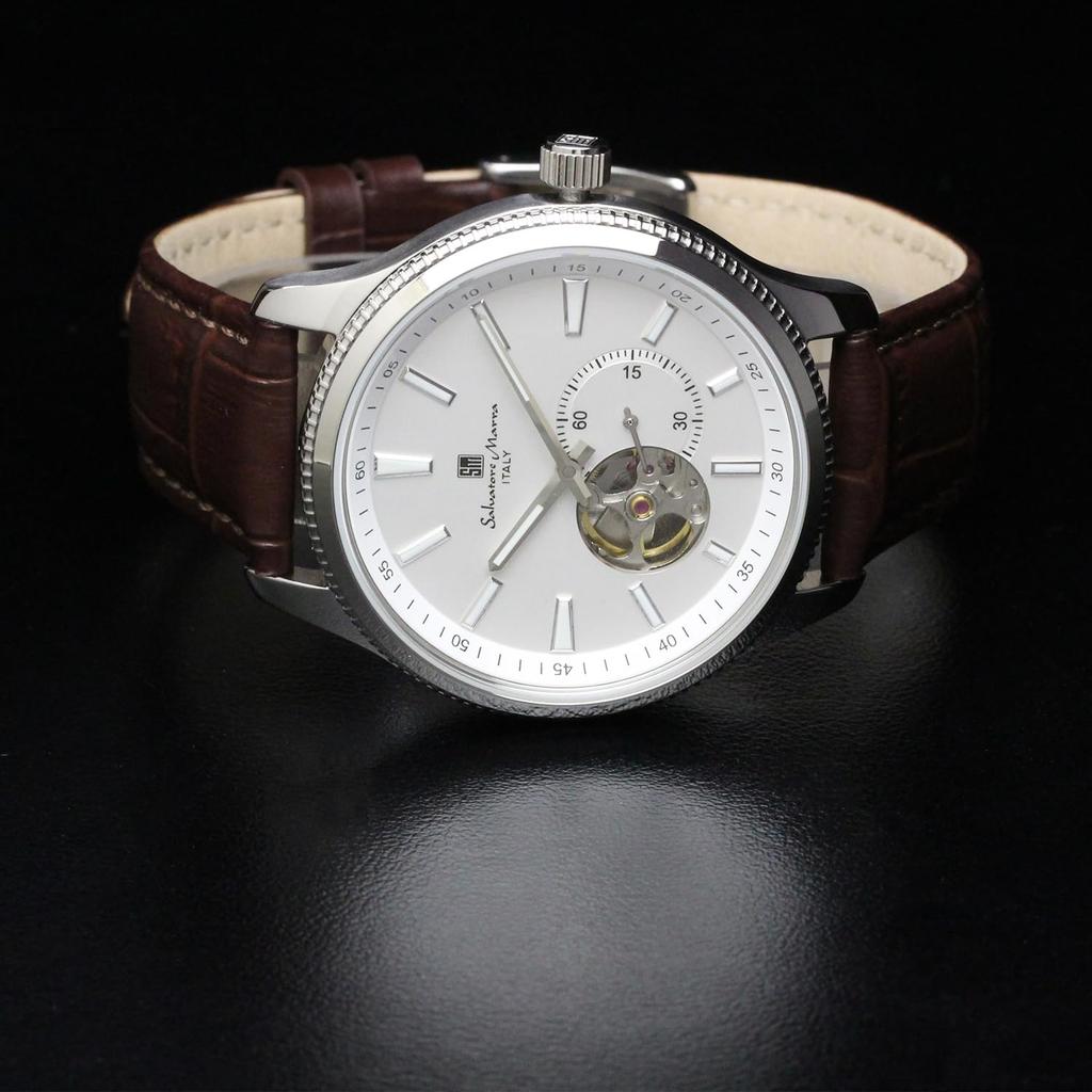 Salvatore Marra Автоматические часы с ручным заводом, кожаный ремешок, классические, маленькие, с открытым сердцем, скелетон, японские, водонепроницаемость 5 АТМ, SM24106, мужские, заводные, ремешок, секундная стрелка,