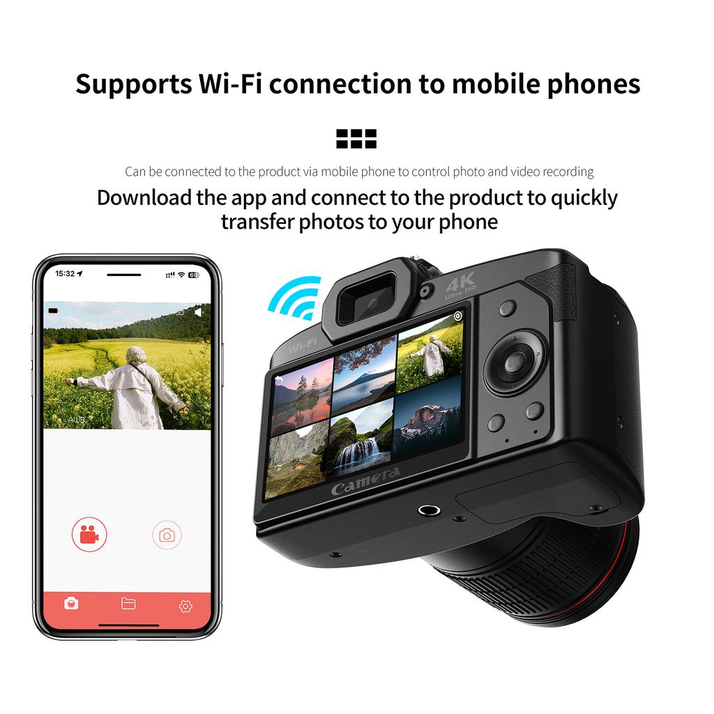 4K Цифровая камера WiFi Цифровая видеокамера 64 МП Двойная линза 3-дюймовый экран 16-кратный зум с защитой от сотрясений Ночная съемка Встроенный аккумулятор Фильтры красоты с расширением