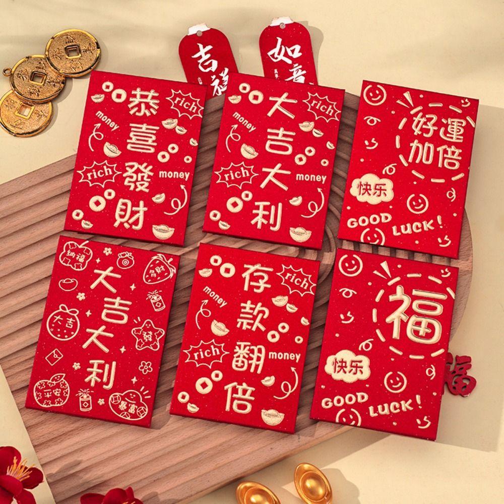 6Pcs Cute Lucky Red Pocket Cartooon New Year Red Packet Red Envelope Bag Blessing Gift