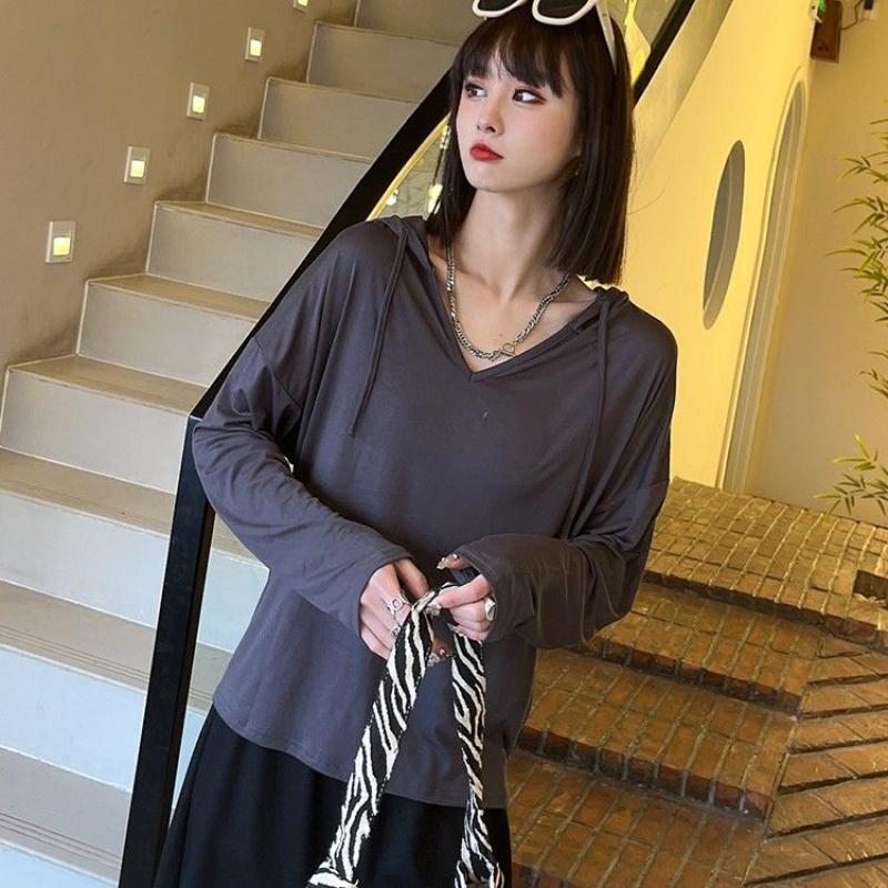 Снаружи модальная футболка с длинными рукавами в корейском стиле, весенне-летняя свободная рубашка большого размера с капюшоном