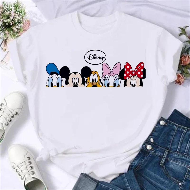 Miniso Футболка с принтом Disney Family Vacation Кавайный Микки Минни Дональд Дак Модная одежда Повседневная женская футболка Camiseta Mujer