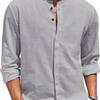 Foreign Trade Men's Cotton and Linen Shirt Long-sleeved T-shirt Button-neck Casual Beach Shirt