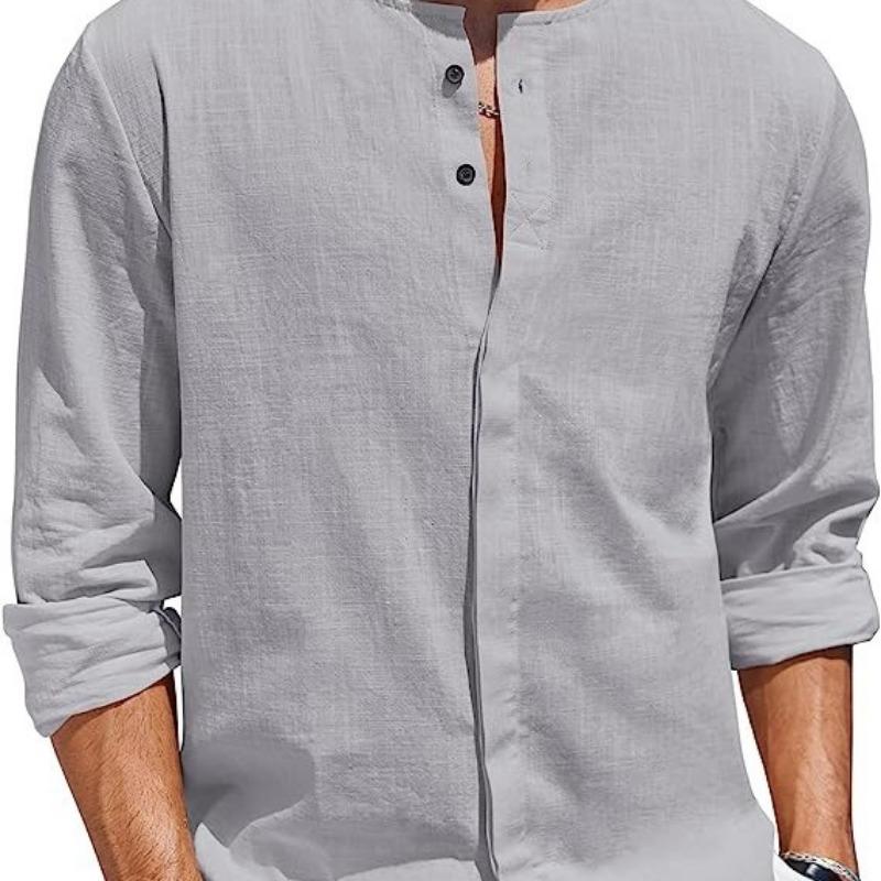 Foreign Trade Men's Cotton and Linen Shirt Long-sleeved T-shirt Button-neck Casual Beach Shirt