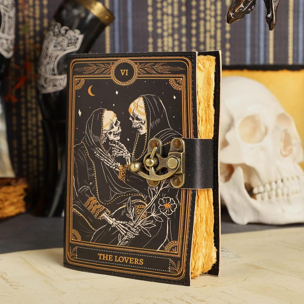 Book of Spells Leather Journal Deckle Edge Paper Journal The Lovers Tarot Notebook Spiral Gothic Notebook Skull Lover Antique Vintage Leather Journal