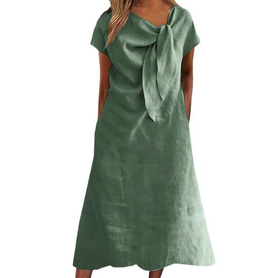 Женское платье миди с декорированным воротником и бретельками, платье с коротким рукавом, однотонное свободное летнее повседневное платье