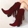Fashion Fashion Autumn Winter Ethnic Woman Bohemian Flock Tassle Hidden Moccasin High Heels Mid-Calf Boots Fringe Female Slip On Shoes