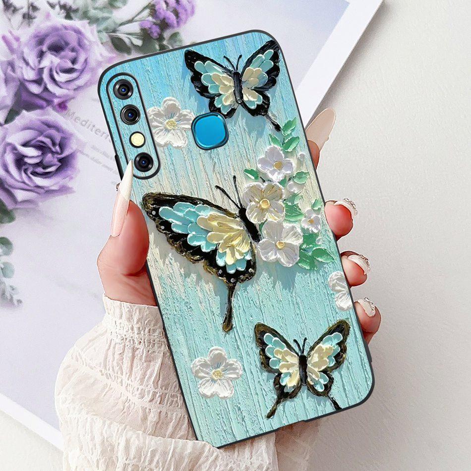 For Infinix Hot 8 Phone Case Hot 8 Lite Hot8 X650 X650C X650B X650D Elegant Floral Cat Pattern Black Silicone Soft TPU Cases