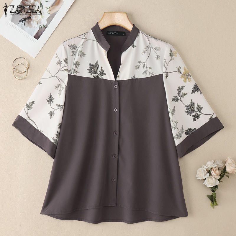 ZANZEA Женская повседневная блузка с V-образным вырезом, свободного кроя, с принтом и вставками, рукав 3/4