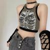 Эстетический жилет без рукавов в рубчик с принтом скелета в стиле кибер-ретро, армейский зеленый укороченный топ, дизайнерская одежда для женщин, лето 2024, эмо