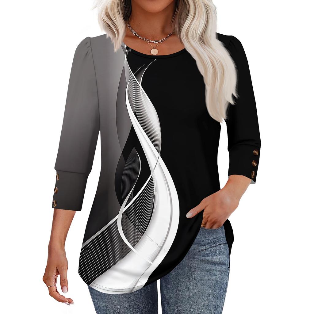 Женская модная повседневная футболка с цветными блоками, сшивная, с принтом, с круглым вырезом, с рукавами семь восьмых