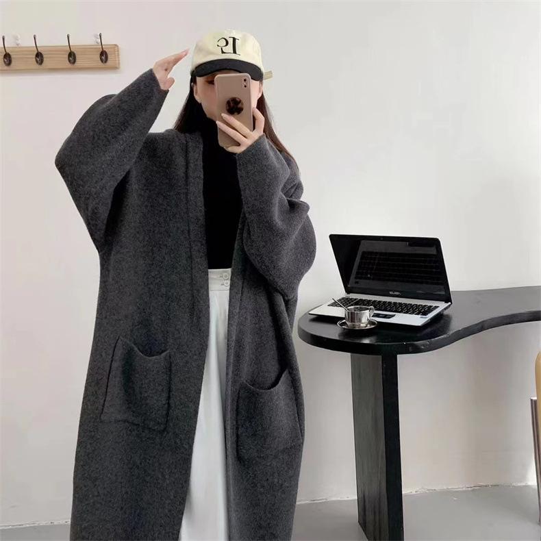 Большой размер ленивый стиль длинный вязаный кардиган женский осень и зима новый корейский вариант свободный V-образный вырез двойной карман свитер куртка прилив