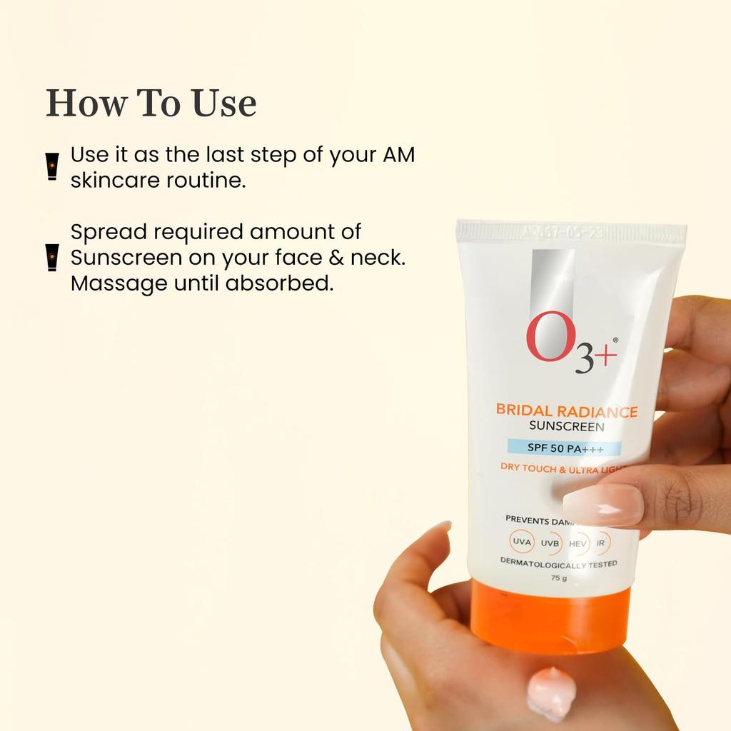O3+ Bridal Radiance Sunscreen SPF 50 PA +++ 75g Dry Touch Non-Greasy Ultra Light Protection Pack of 2