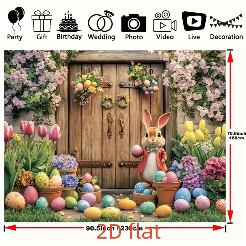 2D Easter Bunny Photo Booth Backdrop, Spring Flowers & Colorful Eggs Background