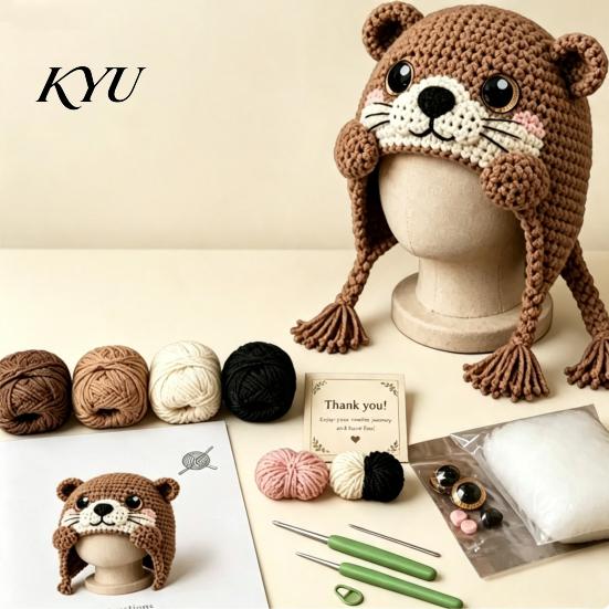 Holiday Crafting Projects Animal Hood Hat Crochet Kit, DIY Earflap Craft Supplies for Adults Cute Project Teens, Handmade Gift Yarn Crafts
