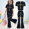 Girls Bald Eagle Printed Round Neck Short Sleeve Top Flared Pants Two Piece Set