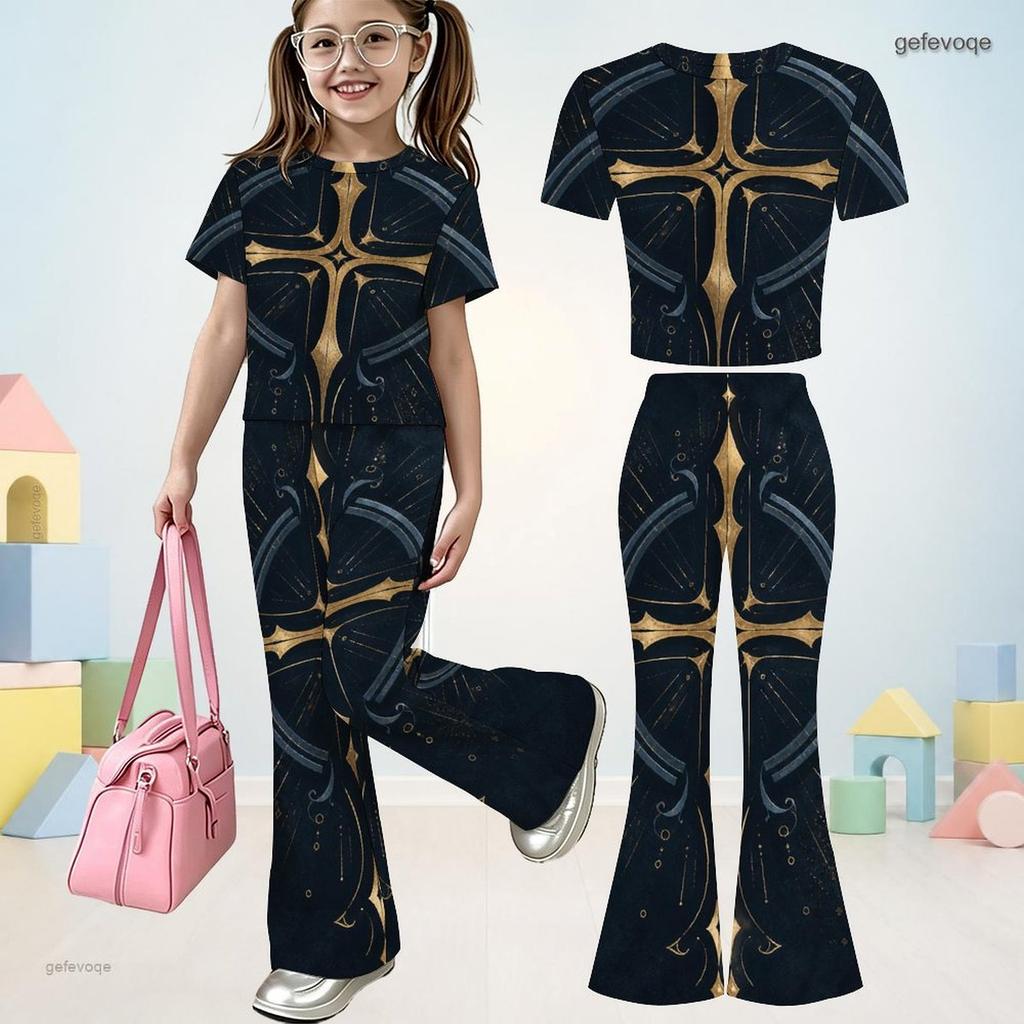 Girls Bald Eagle Printed Round Neck Short Sleeve Top Flared Pants Two Piece Set