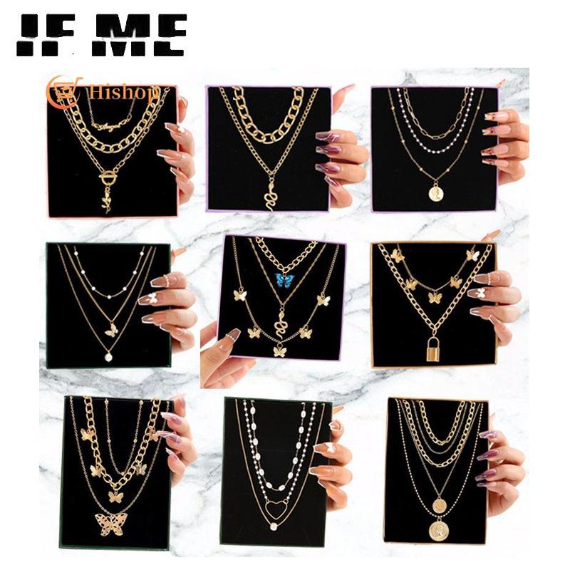 iF ME Vintage Pearl Multilayer Butterfly Necklace Gold Color Pendant Choker Chain Women Jewelry Accessories[No Box]
