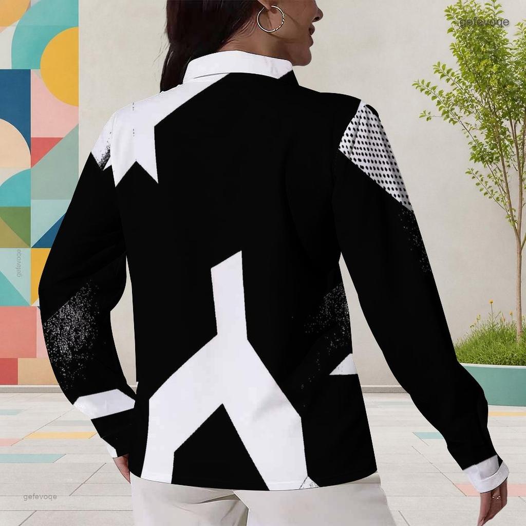 Women Plus Size Collared Long Sleeve Black White Geometric Printed Button Front Shirt