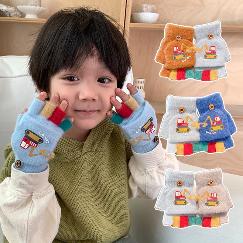 Мультяшные зимние перчатки для мальчика, милые экскаваторные толстые теплые детские варежки с полупальцами, ветрозащитные детские перчатки для отдыха на природе