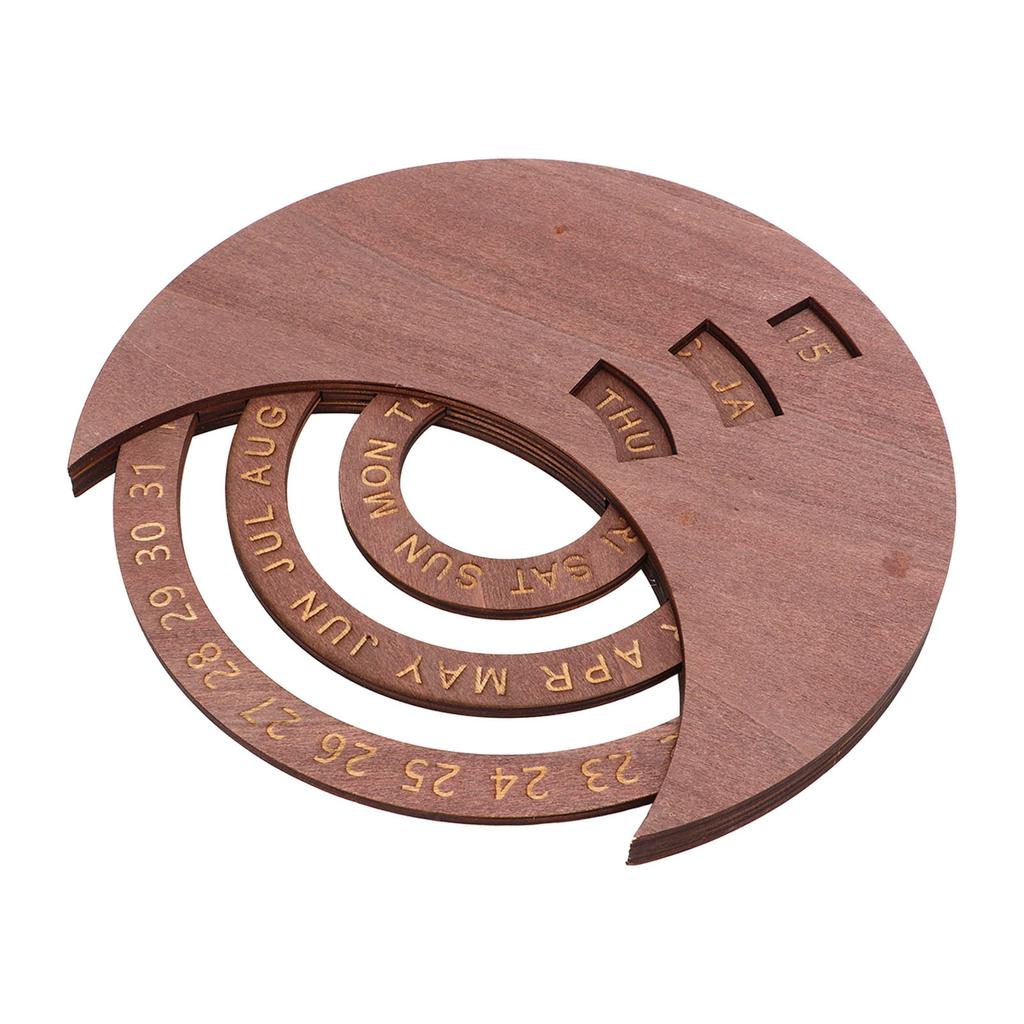 Wooden Disc Calendar Dark Brown Rotatable Disc Natural Wood Vintage Style Wooden Perpetual Calendar