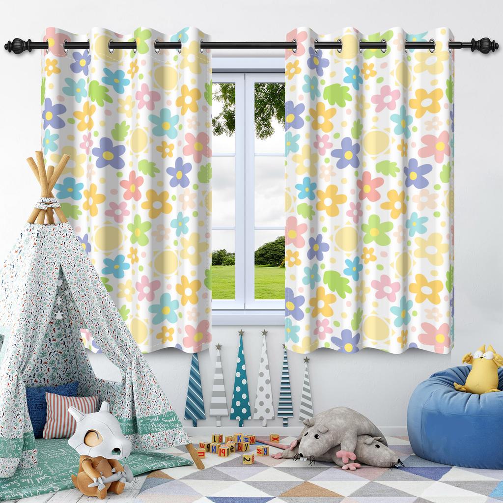2Pcs Sun Colorful Flowers Window Curtain for Children's Bedroom Blackout and Heat Insulation Grommet Drapes Home Decoration