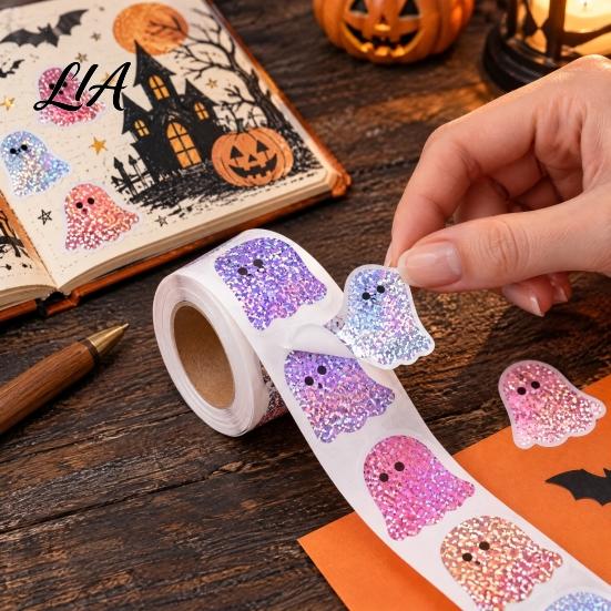 Party Favor Labels Halloween Glitter Ghost Stickers Roll, Self-adhesive Decorative Labels, Colorful Paper for Crafts Sparkly Decals DIY Crafting