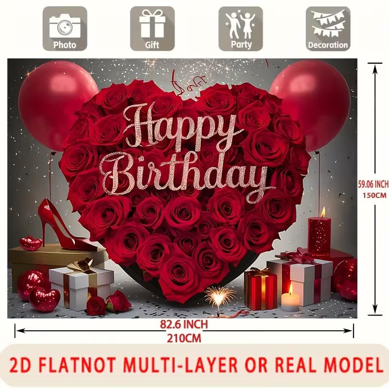 2D Red Rose Birthday Backdrop, Red Balloons & Gifts Photo Booth Background