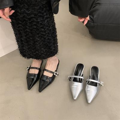 Новые полушлепанцы с толстым каблуком и закрытым носком, женская обувь для улицы, остроносые Мэри Джейн на одном ремешке, серебристые одинарные туфли